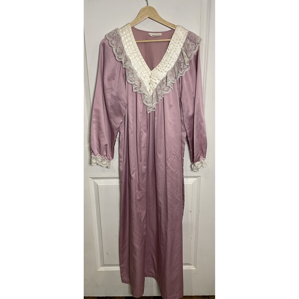 Vtg KOMAR Made In USA Nightgown Pullover V Neck Robe Sleepwear Lace‎ Purple